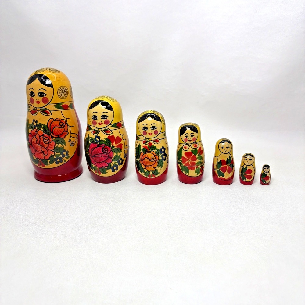 Russian Hand Painted Matryoshka Nesting Dolls Set 7 Vintage Wooden Floral Art